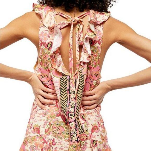 Free People "Summer In Tulum" Linen Blend Mixed Print Ruffle Sleeveless Tunic - Picture 5 of 15
